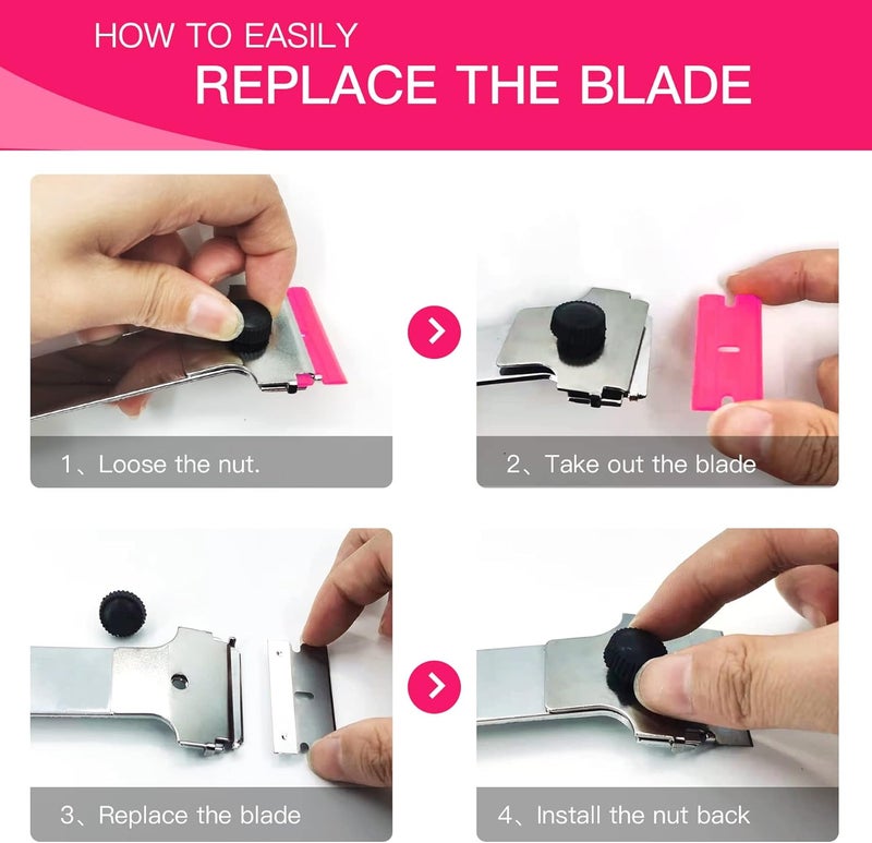 DEKEones Razor Blade Scraper, 2 PCS Razor Scraper Tool for Removing Label, Registration Sticker, Tint, Grease from Windshield, Appliance, Glass（Pink） - Image 5